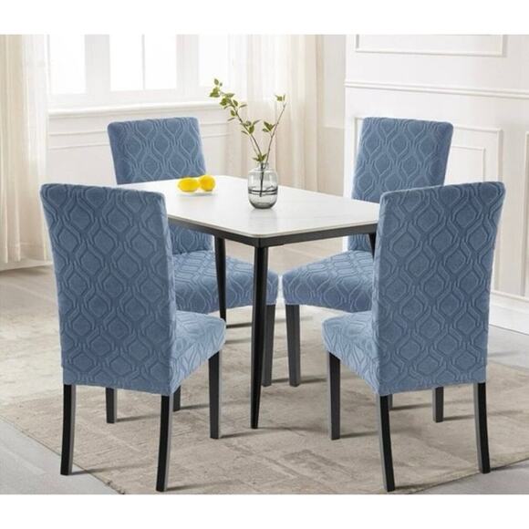 NIB SearchI Washable Stretch Jacquard Gray-Blue Geometric Kitchen Chair Covers - Picture 2 of 9